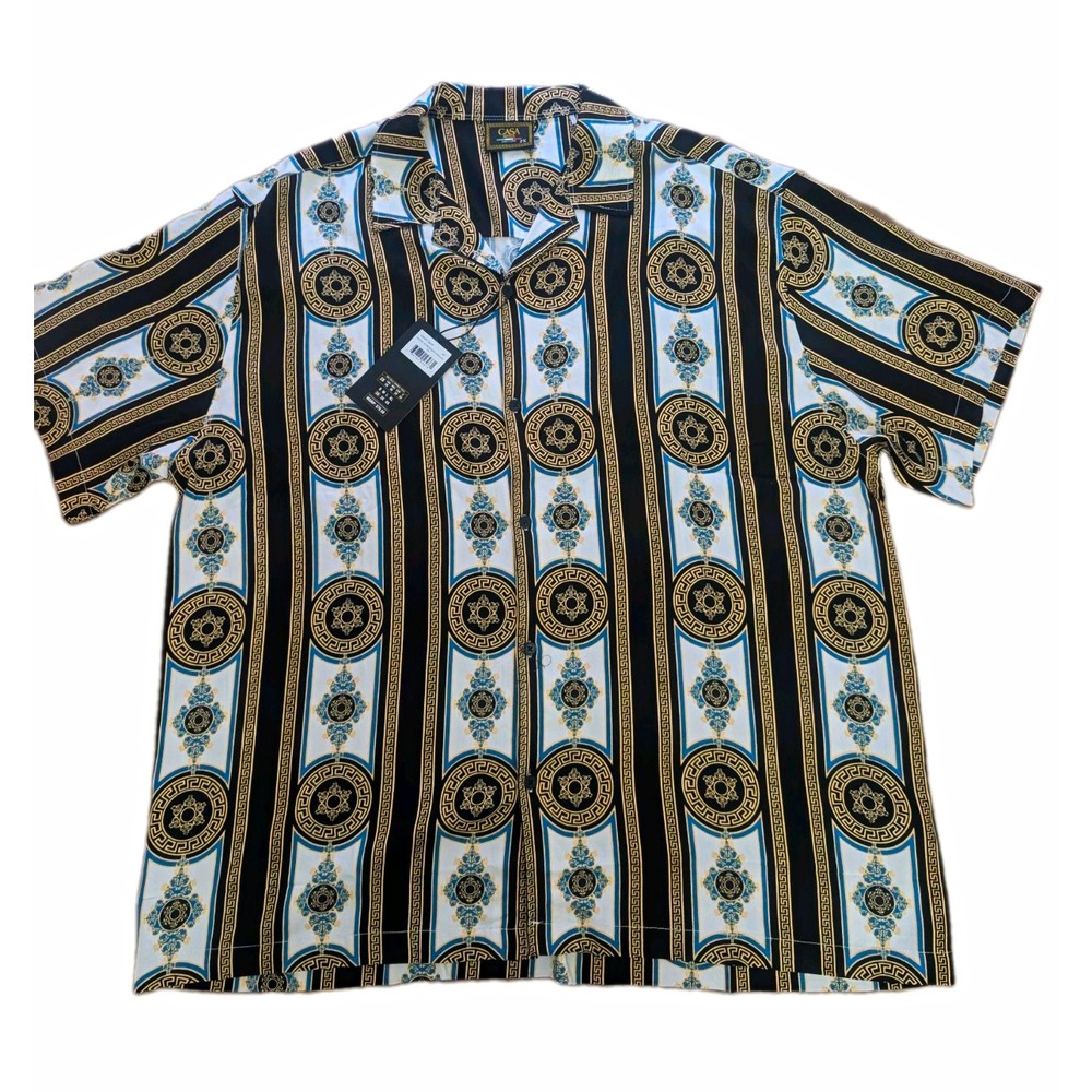 Casa Moda Couture Men's 2X Black Gold Greek Key Baroque Short Sleeve Shirt Rayon